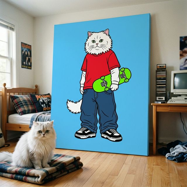 Retro Pop Street Canvas room mockup; custom cat portrait canvas from photo in the Retro Pop Street style; skate-themed; longhair cat; proof before print.