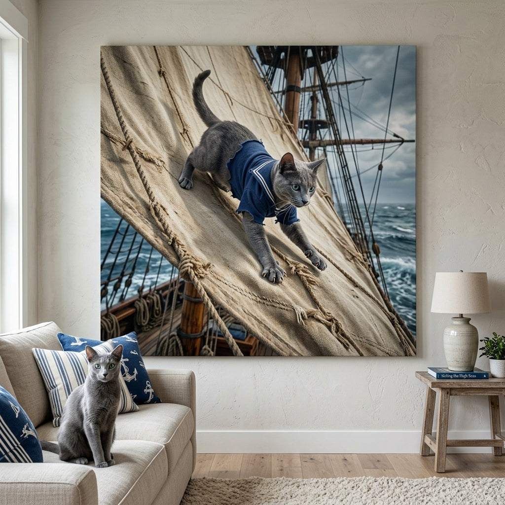 Open Water Canvas room mockup; custom cat portrait canvas from photo in the Open Water style; gray cat; proof before print.