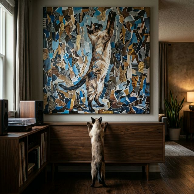 Modern Collage Canvas room mockup; custom cat portrait canvas from photo in the Modern Collage style; pointed cat; proof before print.