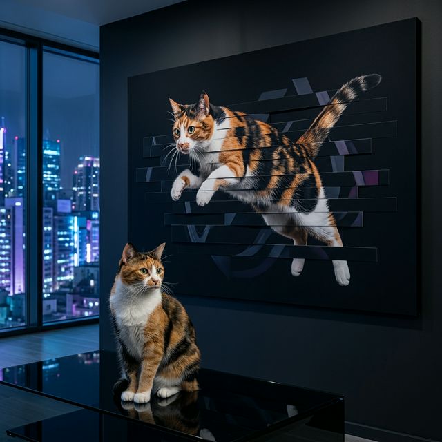 The Fragmented Identity Canvas room mockup; custom cat portrait canvas from photo in the The Fragmented Identity style; black cat; proof before print.