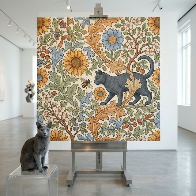 Ornamental Chase Canvas room mockup; custom cat portrait canvas from photo in the Ornamental Chase style; pointed cat; proof before print.