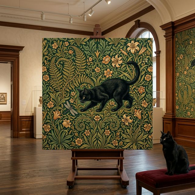 Ornamental Chase Canvas room mockup; custom cat portrait canvas from photo in the Ornamental Chase style; black cat; proof before print.