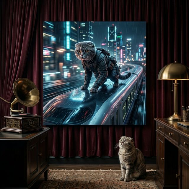 Midnight Operative Canvas room mockup; custom cat portrait canvas from photo in the Midnight Operative style; gray cat; proof before print.