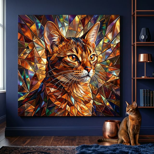 Crystal Shard Canvas room mockup; custom cat portrait canvas from photo in the Crystal Shard style; spotted tabby-like cat; proof before print.