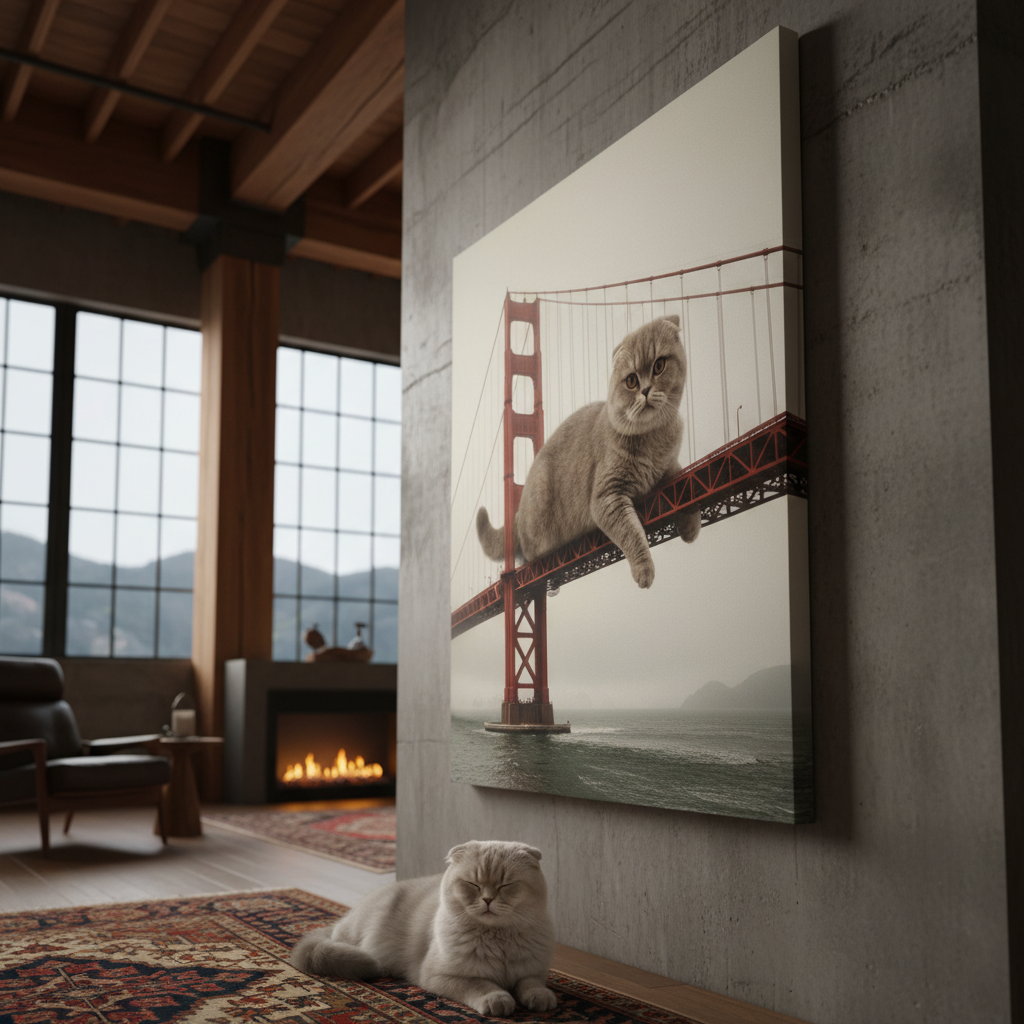 Colossal Cityscape Cat Canvas room mockup; custom cat portrait canvas from photo in the Colossal Cityscape Cat style; gray cat; proof before print.