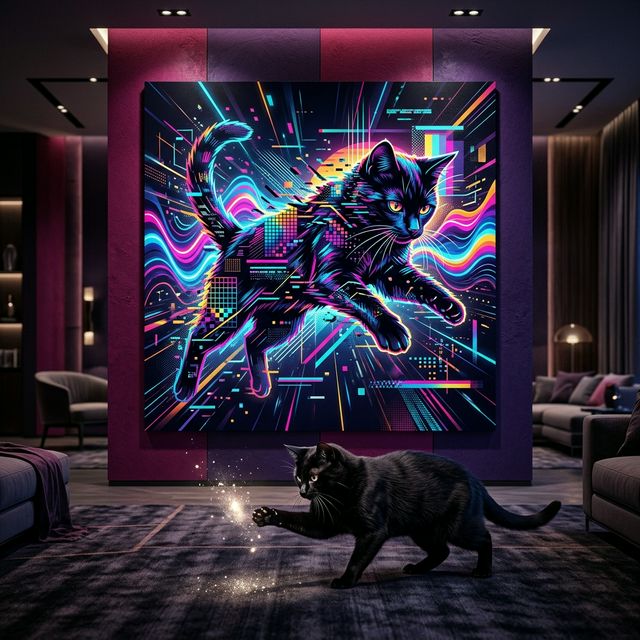 Neon Tech Pop Canvas room mockup; custom cat portrait canvas from photo in the Neon Tech Pop style; black cat; proof before print.