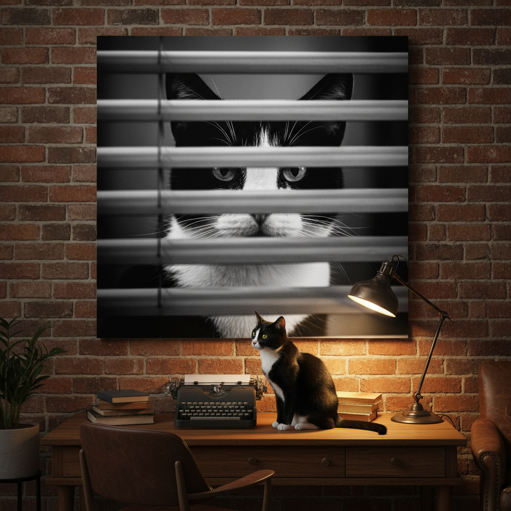 Retro Surveillance Canvas room mockup; custom cat portrait canvas from photo in the Retro Surveillance style; tuxedo cat; proof before print.
