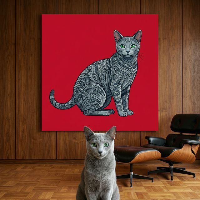 Graphic Wild Form Canvas room mockup; custom cat portrait canvas from photo in the Graphic Wild Form style; gray cat; proof before print.