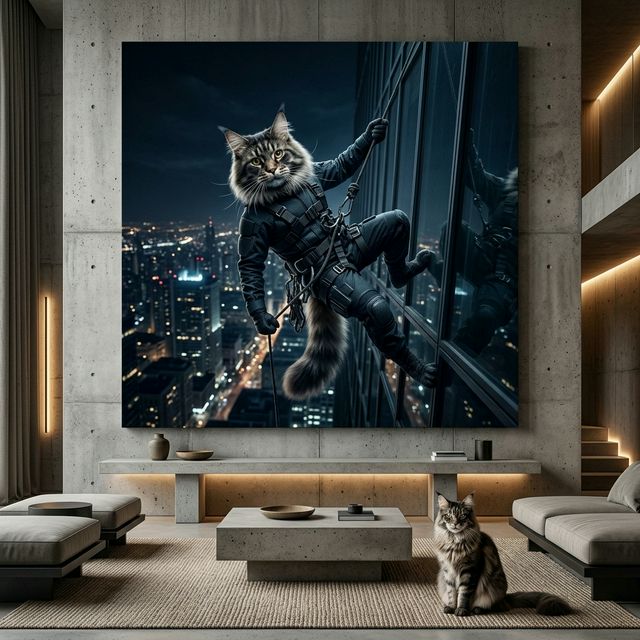 Midnight Operative Canvas room mockup; custom cat portrait canvas from photo in the Midnight Operative style; black cat; proof before print.