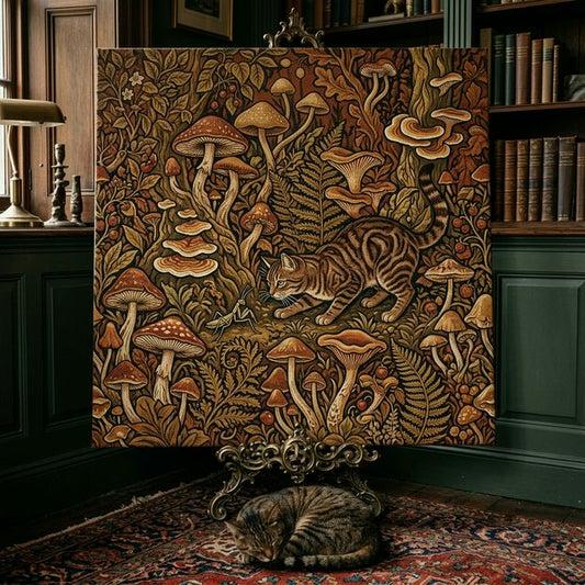 Ornamental Chase Canvas room mockup; custom cat portrait canvas from photo in the Ornamental Chase style; tabby cat; proof before print.