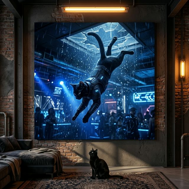 Midnight Operative Canvas room mockup; custom cat portrait canvas from photo in the Midnight Operative style; black cat; proof before print.