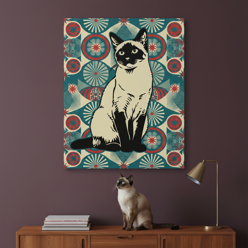 Risograph Canvas room mockup; custom cat portrait canvas from photo in the Risograph style; pointed cat; proof before print.