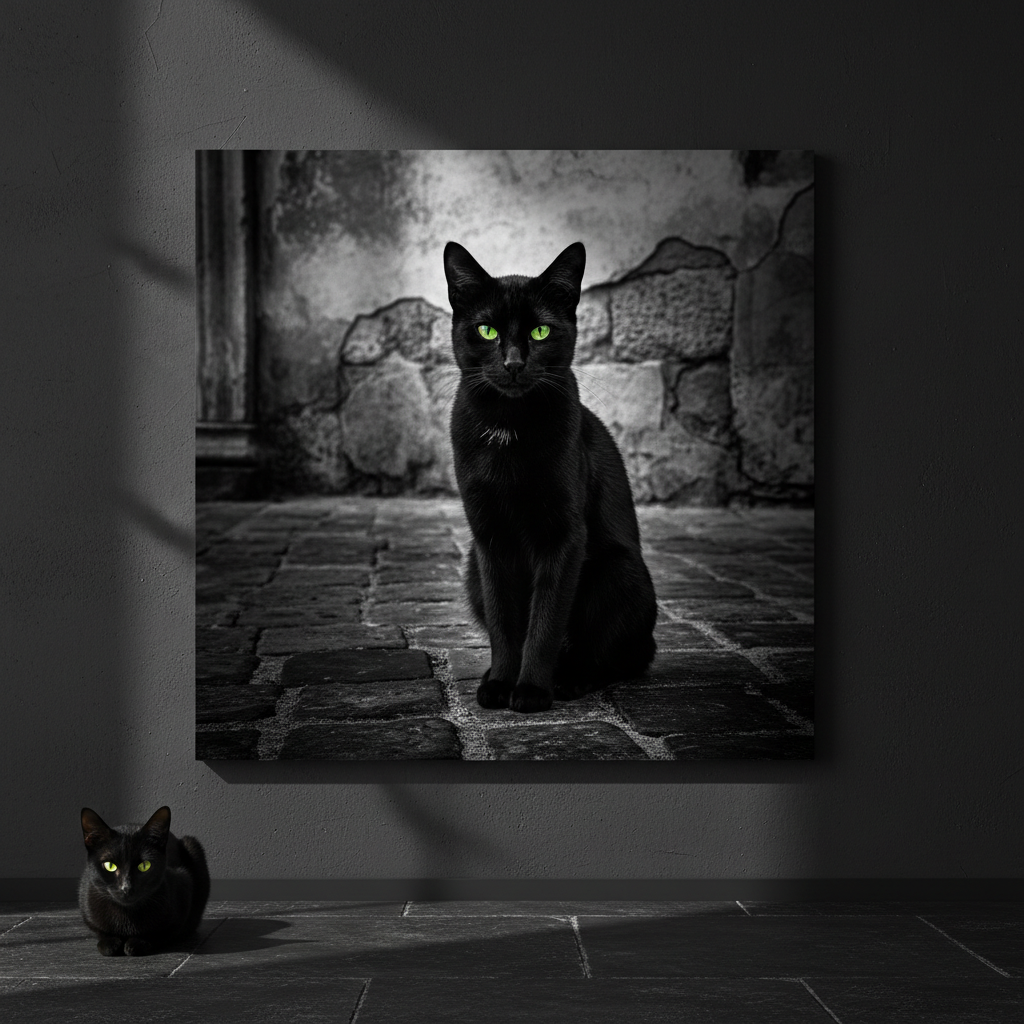 Rural Stone Canvas room mockup; custom cat portrait canvas from photo in the Rural Stone style; black cat; proof before print.