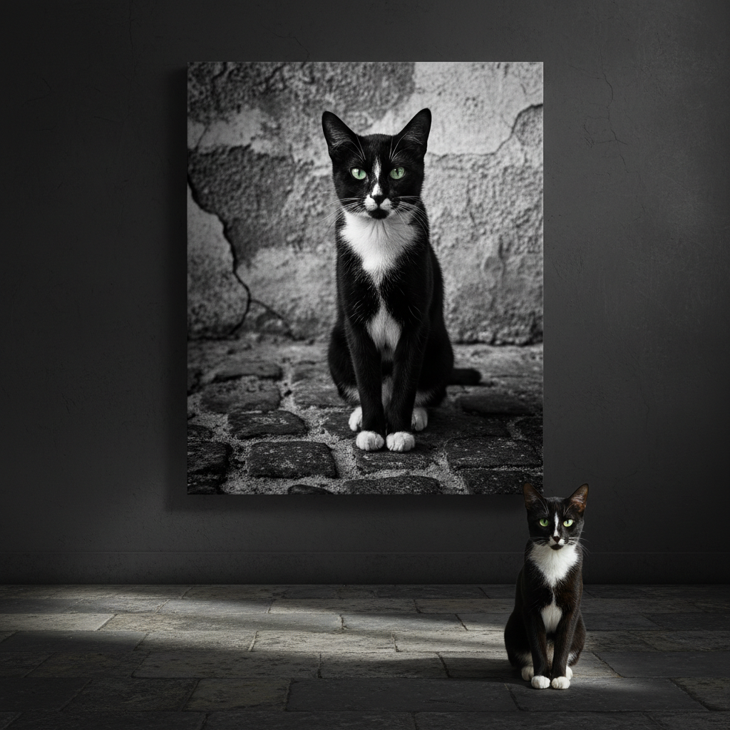 Rural Stone Canvas room mockup; custom cat portrait canvas from photo in the Rural Stone style; tuxedo cat; proof before print.