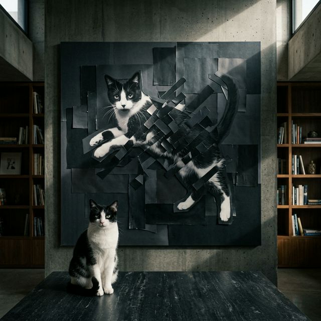 The Fragmented Identity Canvas room mockup; custom cat portrait canvas from photo in the The Fragmented Identity style; tuxedo cat; proof before print.