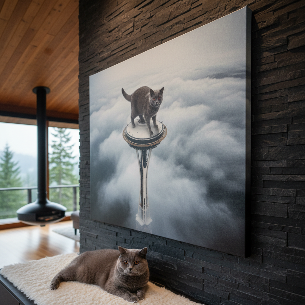 Colossal Cityscape Cat Canvas room mockup; custom cat portrait canvas from photo in the Colossal Cityscape Cat style; gray cat; proof before print.