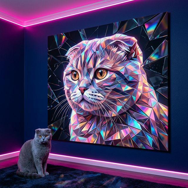 Crystal Shard Canvas room mockup; custom cat portrait canvas from photo in the Crystal Shard style; gray cat; proof before print.