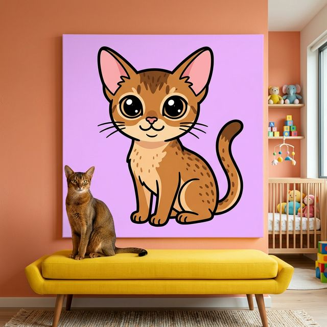 Cute Kawaii Line Art Canvas room mockup; custom cat portrait canvas from photo in the Cute Kawaii Line Art style; warm-toned cat; proof before print.