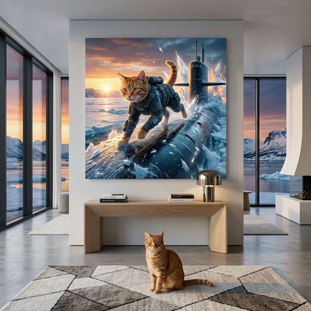 Midnight Operative Canvas room mockup; custom cat portrait canvas from photo in the Midnight Operative style; orange tabby cat; proof before print.