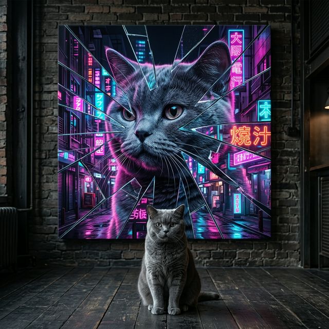 Neon Reflection Canvas room mockup; custom cat portrait canvas from photo in the Neon Reflection style; gray cat; proof before print.