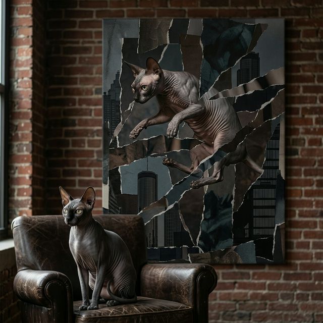 The Fragmented Identity Canvas room mockup; custom cat portrait canvas from photo in the The Fragmented Identity style; hairless cat; proof before print.