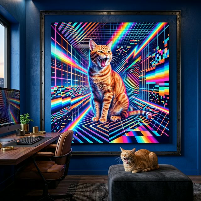 Neon Tech Pop Canvas room mockup; custom cat portrait canvas from photo in the Neon Tech Pop style; orange tabby cat; proof before print.