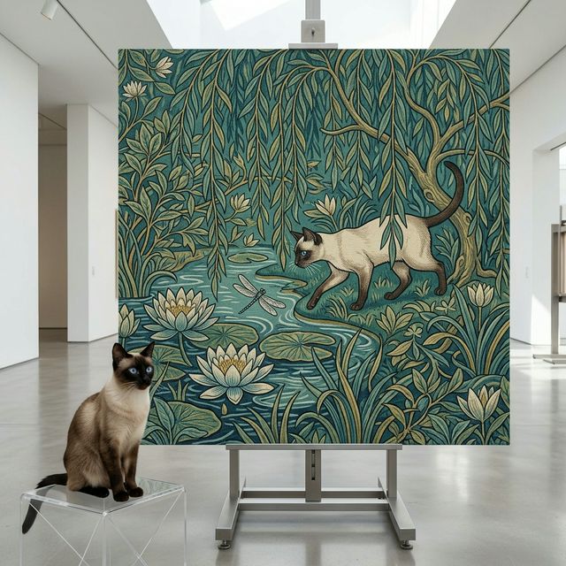 Ornamental Chase Canvas room mockup; custom cat portrait canvas from photo in the Ornamental Chase style; pointed cat; proof before print.