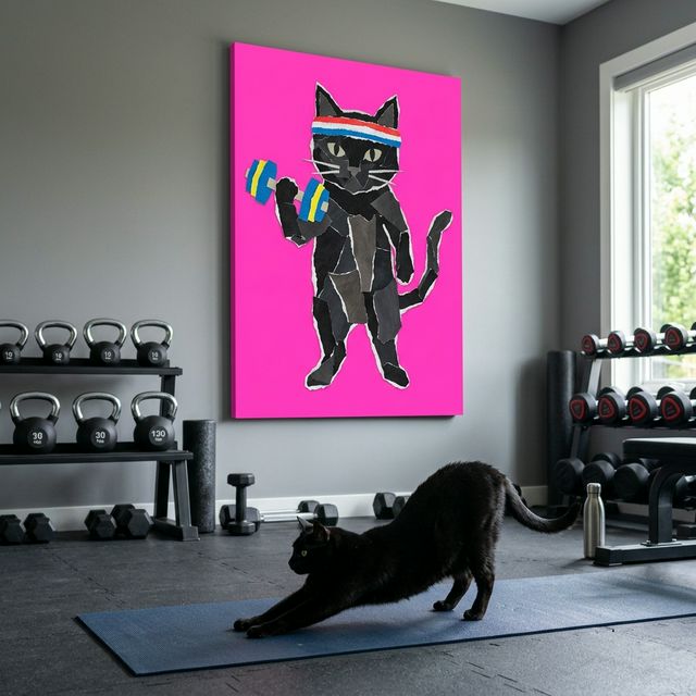 Paper Cut Block Canvas room mockup; custom cat portrait canvas from photo in the Paper Cut Block style; black cat; proof before print.