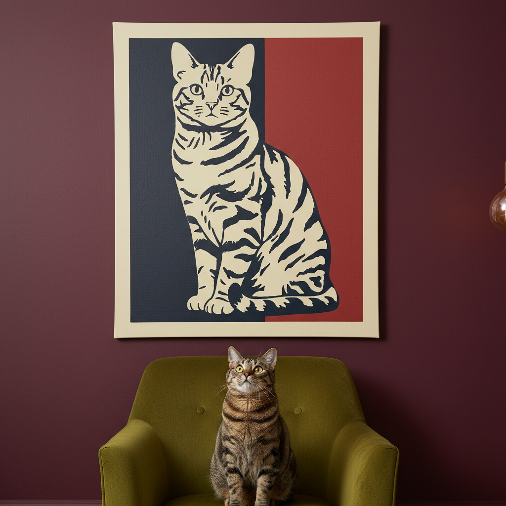 Risograph Canvas room mockup; custom cat portrait canvas from photo in the Risograph style; tabby cat; proof before print.