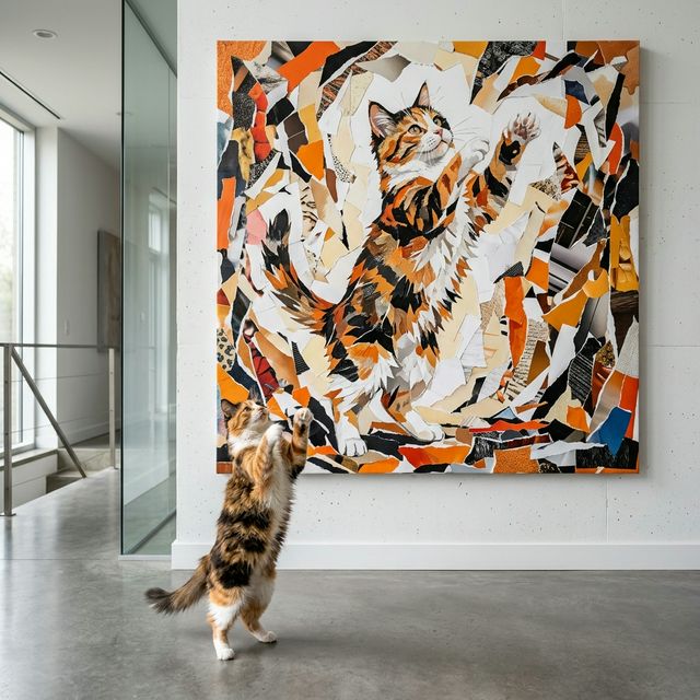 Modern Collage Canvas room mockup; custom cat portrait canvas from photo in the Modern Collage style; calico cat; proof before print.