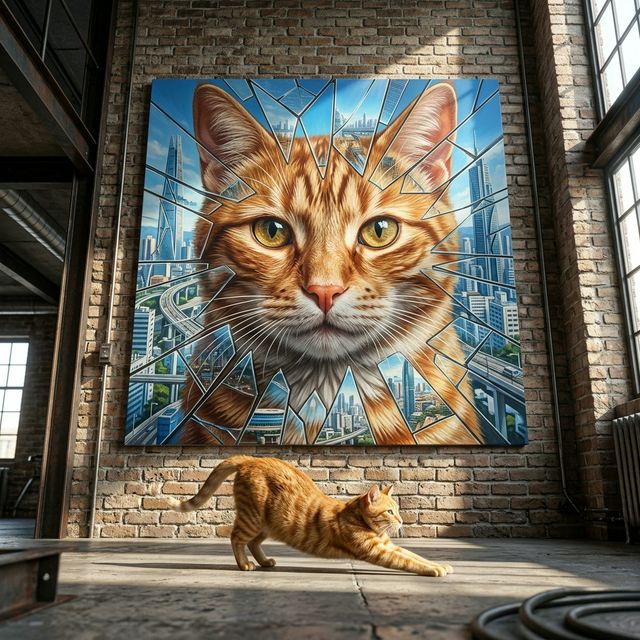 Neon Reflection Canvas room mockup; custom cat portrait canvas from photo in the Neon Reflection style; orange tabby cat; proof before print.