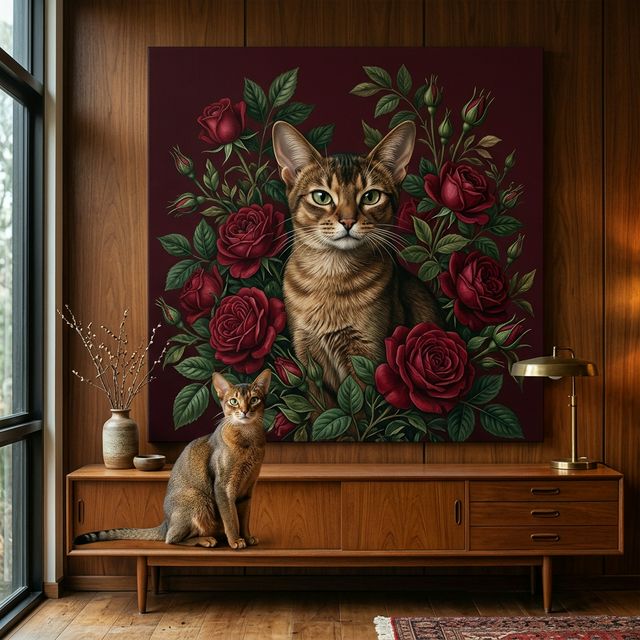 Floral Portrait Cat Canvas room mockup; custom cat portrait canvas from photo in the Floral Portrait Cat style; warm-toned cat; proof before print.