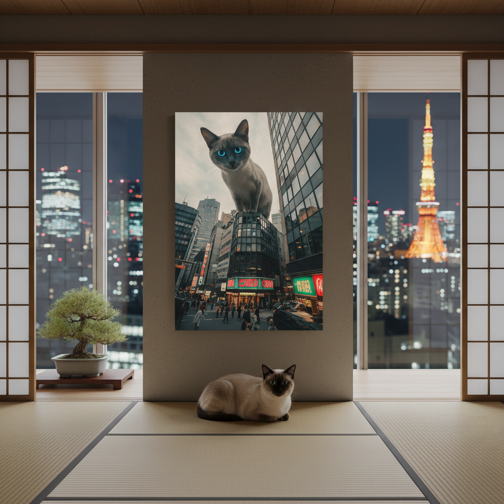 Colossal Cityscape Cat Canvas room mockup; custom cat portrait canvas from photo in the Colossal Cityscape Cat style; pointed cat; proof before print.
