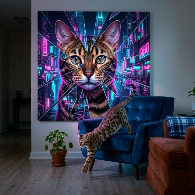 Neon Reflection Canvas room mockup; custom cat portrait canvas from photo in the Neon Reflection style; spotted tabby-like cat; proof before print.