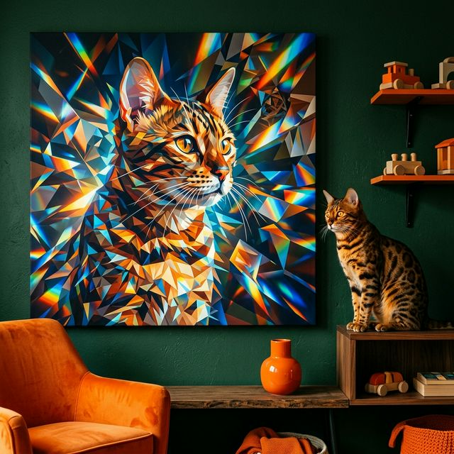 Crystal Shard Canvas room mockup; custom cat portrait canvas from photo in the Crystal Shard style; spotted tabby-like cat; proof before print.