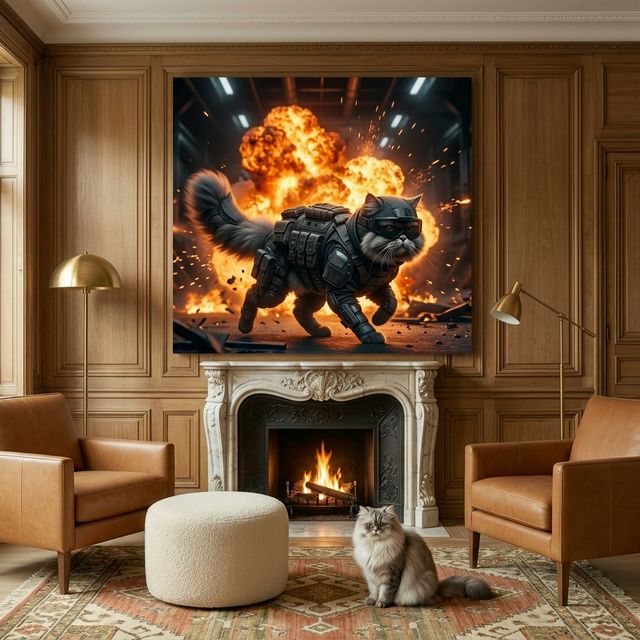 Midnight Operative Canvas room mockup; custom cat portrait canvas from photo in the Midnight Operative style; black cat; proof before print.
