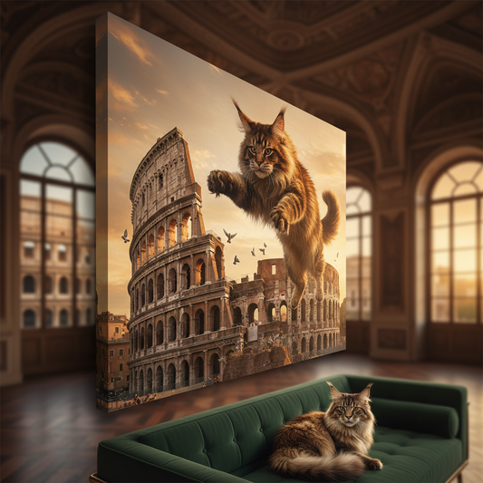 Colossal Cityscape Cat Canvas room mockup; custom cat portrait canvas from photo in the Colossal Cityscape Cat style; longhair cat; proof before print.