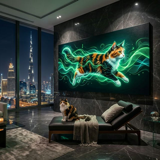 Emerald Signal Canvas room mockup; custom cat portrait canvas from photo in the Emerald Signal style; longhair cat; proof before print.