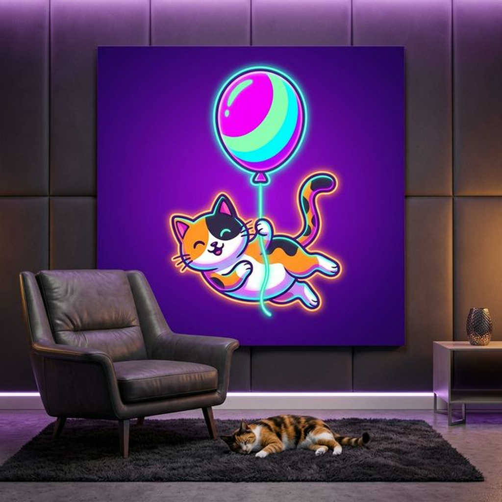 Neon Float Canvas room mockup; custom cat portrait canvas from photo in the Neon Float style; calico cat; proof before print.
