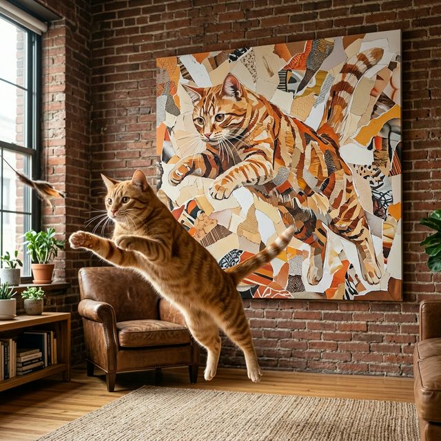 Modern Collage Canvas room mockup; custom cat portrait canvas from photo in the Modern Collage style; orange tabby cat; proof before print.