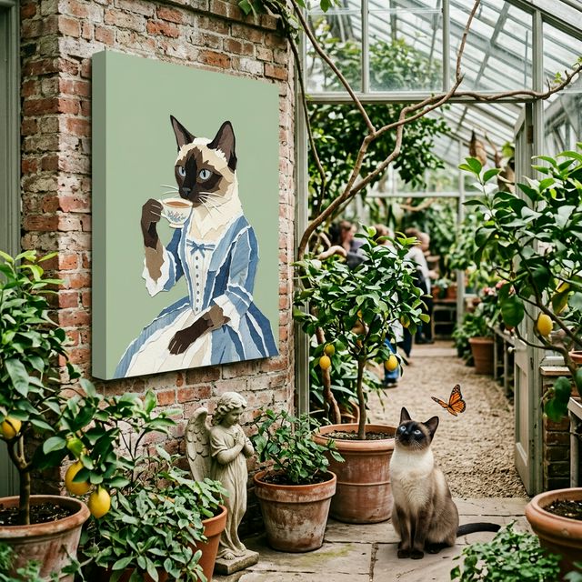 Paper Cut Block Canvas room mockup; custom cat portrait canvas from photo in the Paper Cut Block style; pointed cat; proof before print.