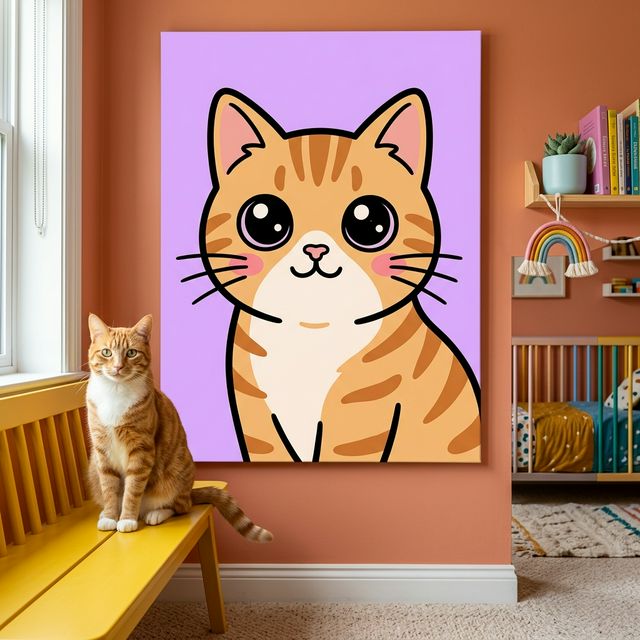 Cute Kawaii Line Art Canvas room mockup; custom cat portrait canvas from photo in the Cute Kawaii Line Art style; orange tabby cat; proof before print.