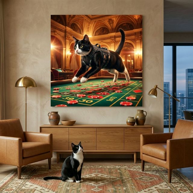Midnight Operative Canvas room mockup; custom cat portrait canvas from photo in the Midnight Operative style; tuxedo cat; proof before print.
