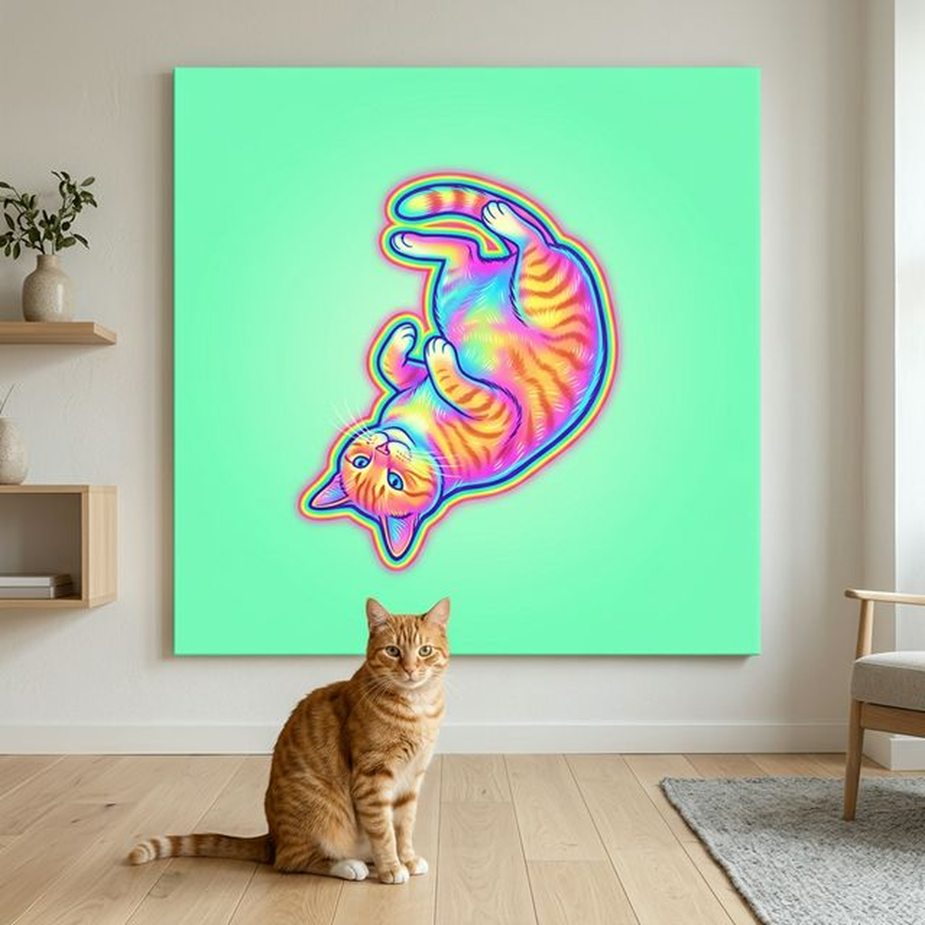 Neon Float Canvas room mockup; custom cat portrait canvas from photo in the Neon Float style; orange tabby cat; proof before print.