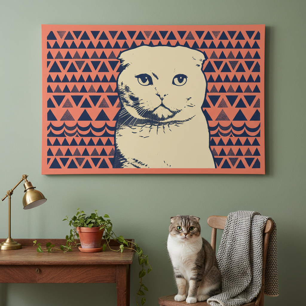 Risograph Canvas room mockup; custom cat portrait canvas from photo in the Risograph style; gray cat; proof before print.