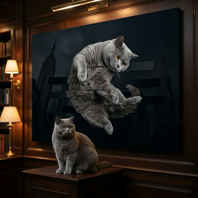The Fragmented Identity Canvas room mockup; custom cat portrait canvas from photo in the The Fragmented Identity style; gray cat; proof before print.