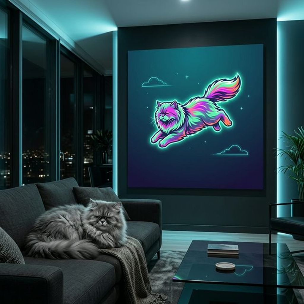 Neon Float Canvas room mockup; custom cat portrait canvas from photo in the Neon Float style; longhair cat; proof before print.