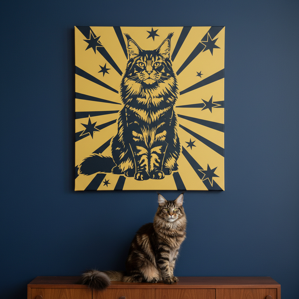 Risograph Canvas room mockup; custom cat portrait canvas from photo in the Risograph style; longhair cat; proof before print.