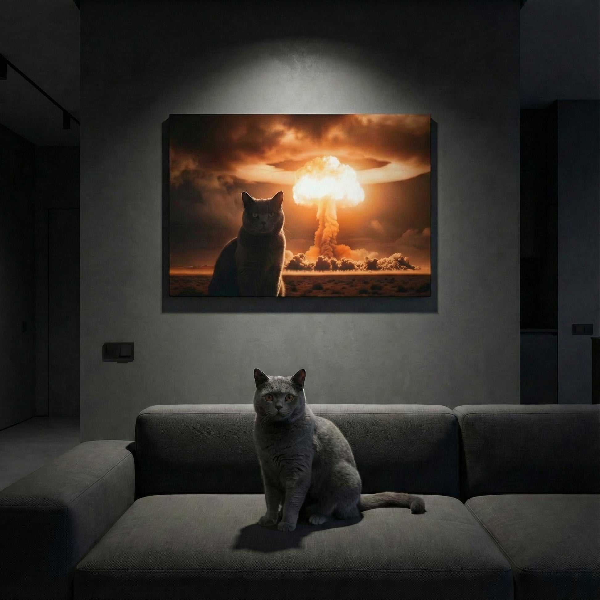 Lightfall Contrast Canvas room mockup; custom cat portrait canvas from photo in the Lightfall Contrast style; black cat; proof before print.