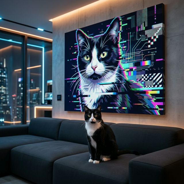 Digital Glitch Reality Canvas room mockup; custom cat portrait canvas from photo in the Digital Glitch Reality style; tuxedo cat; proof before print.